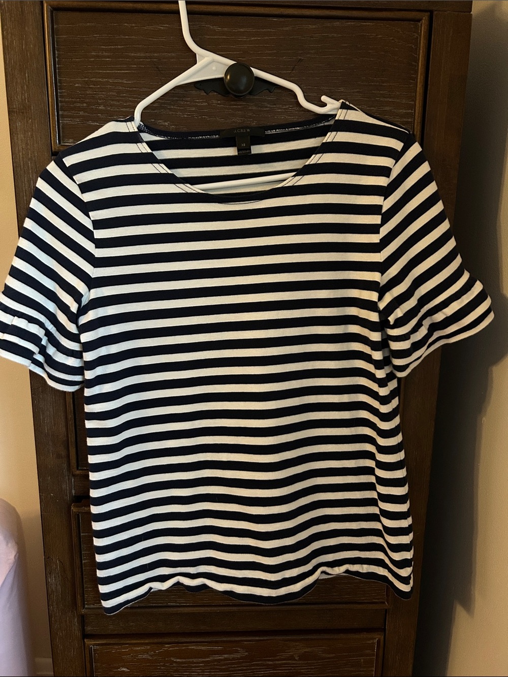 J. Crew Navy and White Striped Ruffle-Sleeve Tee